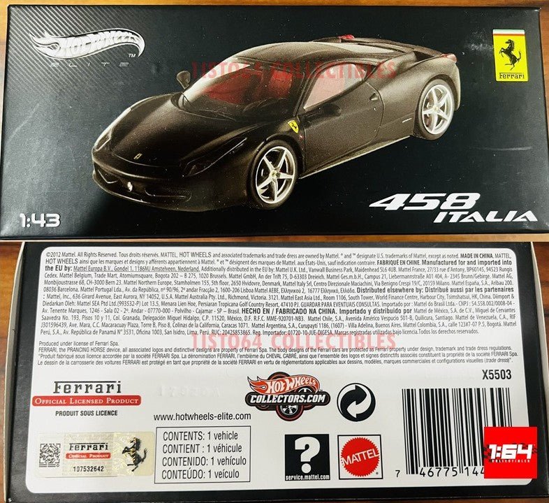 Hot Wheels Elite 1:43 Ferrari 458 Italy Black Matte Interiors Red